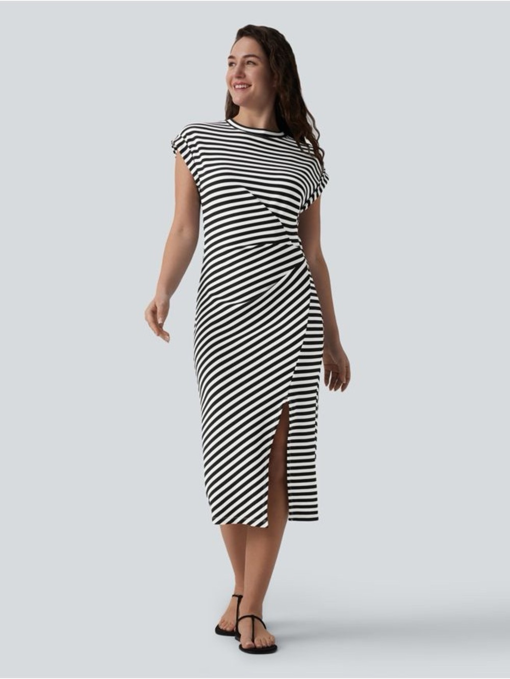 424. Halara Round Neck Short Sleeve Asymmetrical Split Hem Stripes Dress NWT M